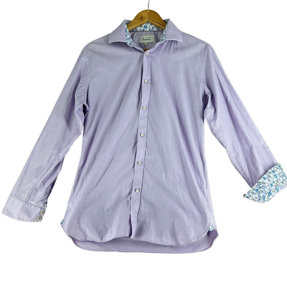 Ted Baker Endurance Mens Purple Micro Diamond Floral Trim Dress Shirt 15.5 32/33